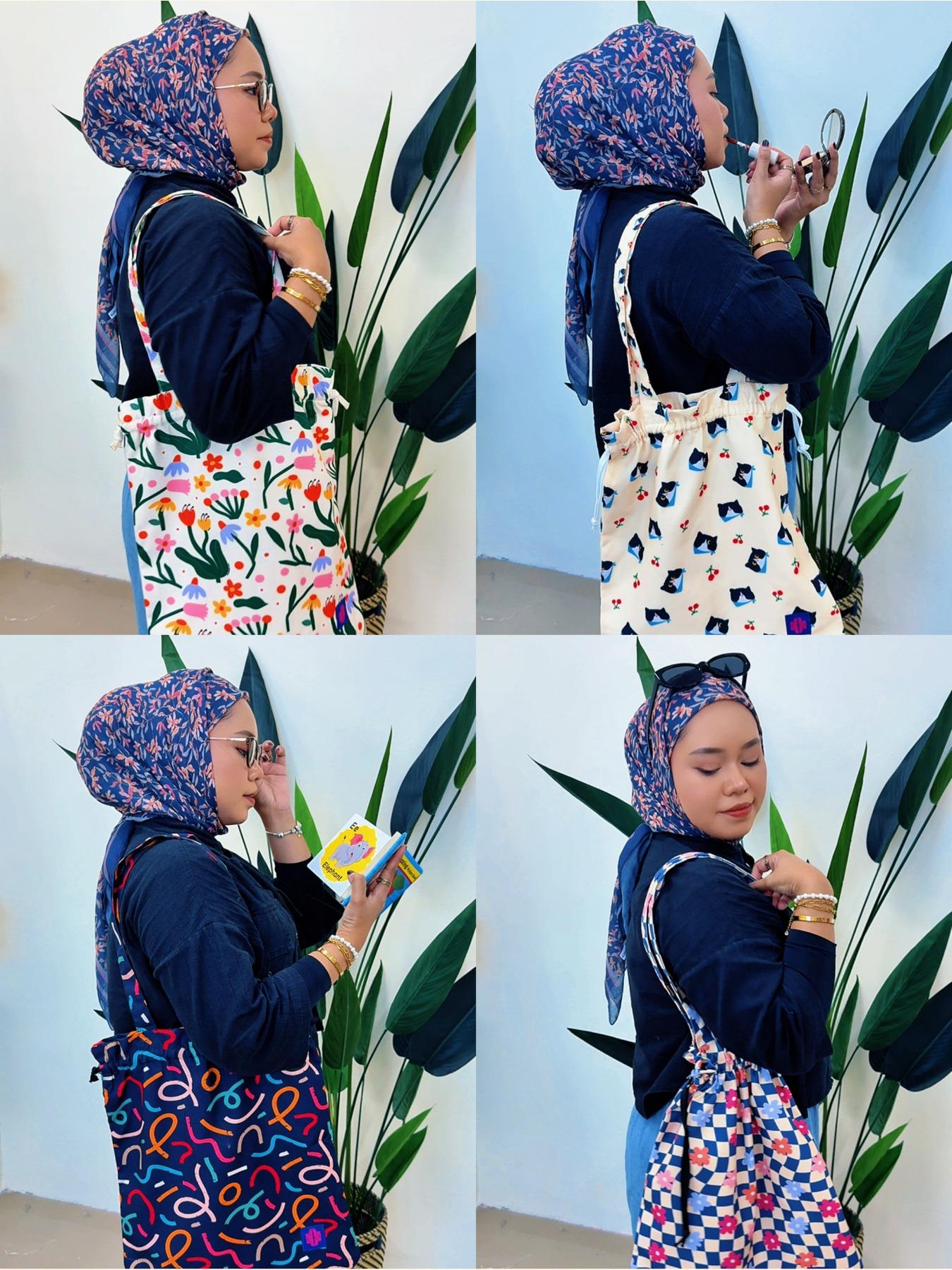 Whimsy Printed Totebag (with Drawstring & 2 Small Compartments inside)