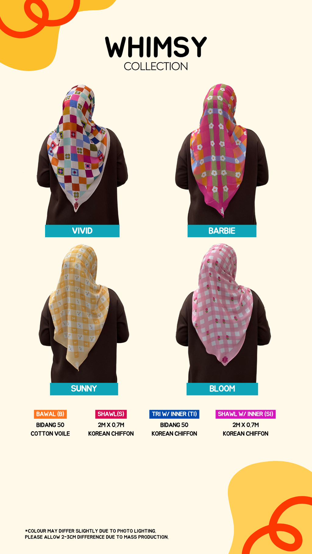 Whimsy Tudung Collection (2M Shawl, 50” Bawal, Tri Inner, Shawl w Inner)