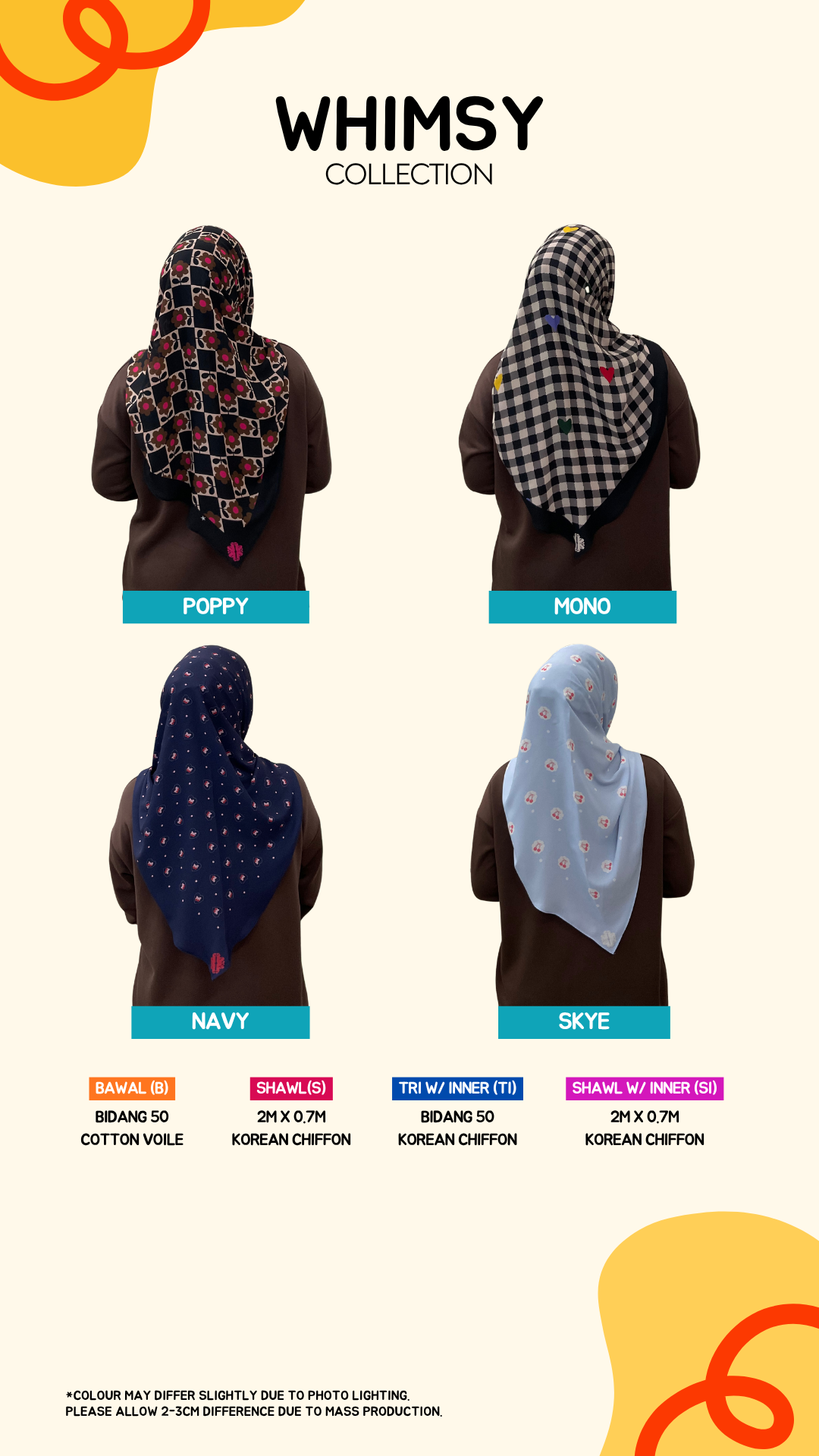 Whimsy Tudung Collection (2M Shawl, 50” Bawal, Tri Inner, Shawl w Inner)