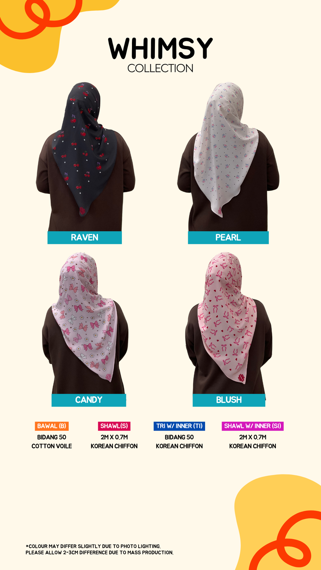 Whimsy Tudung Collection (2M Shawl, 50” Bawal, Tri Inner, Shawl w Inner)
