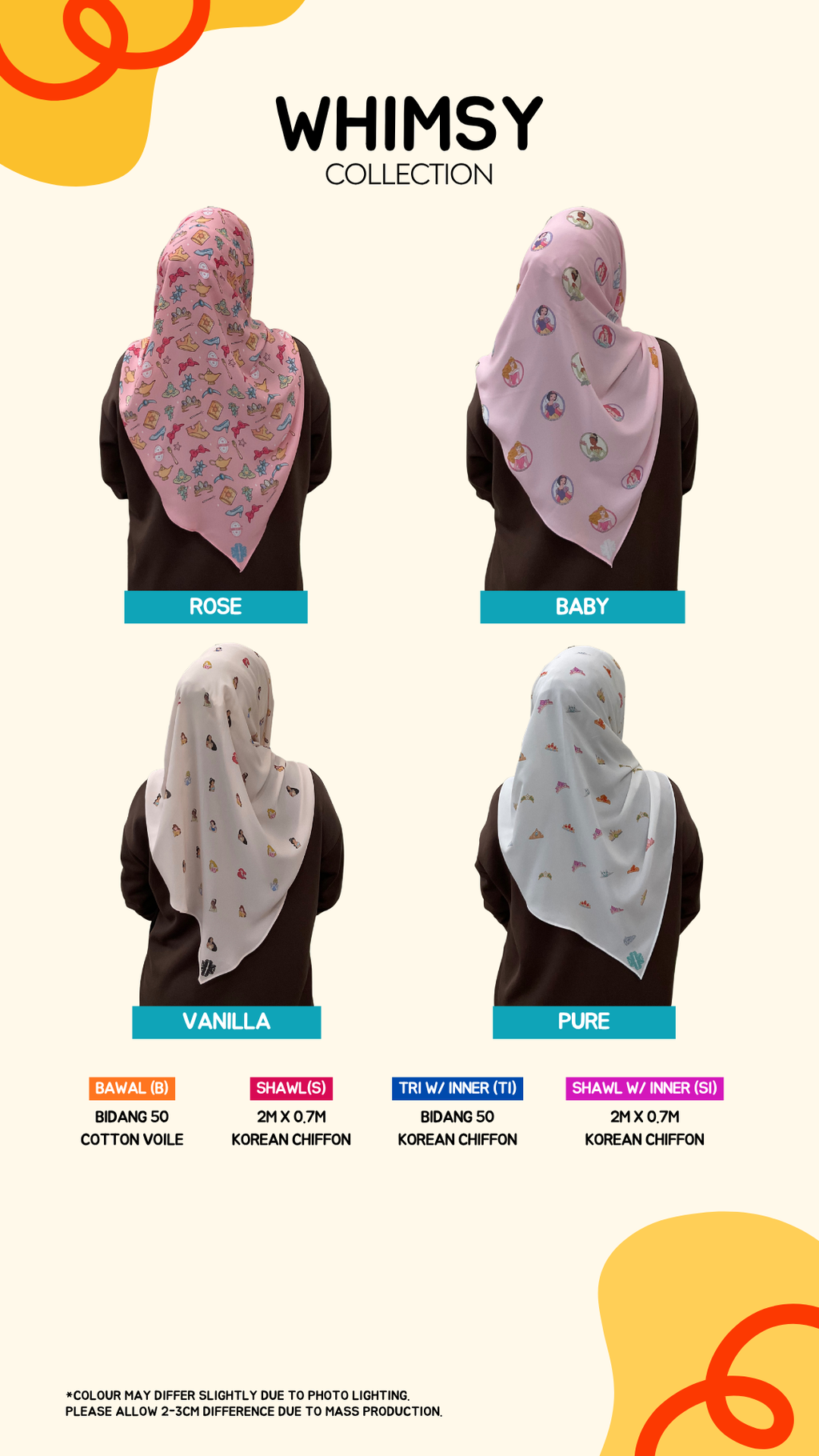 Whimsy Tudung Collection (2M Shawl, 50” Bawal, Tri Inner, Shawl w Inner)