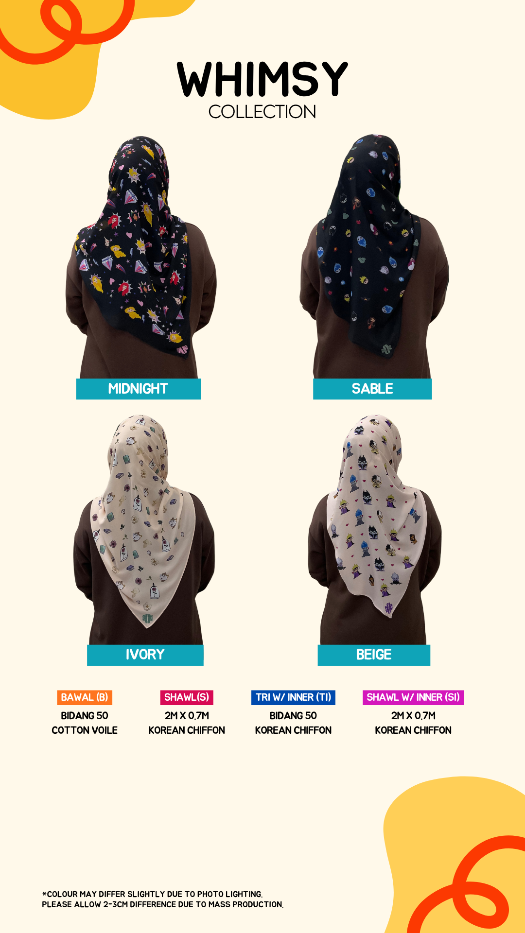 Whimsy Tudung Collection (2M Shawl, 50” Bawal, Tri Inner, Shawl w Inner)