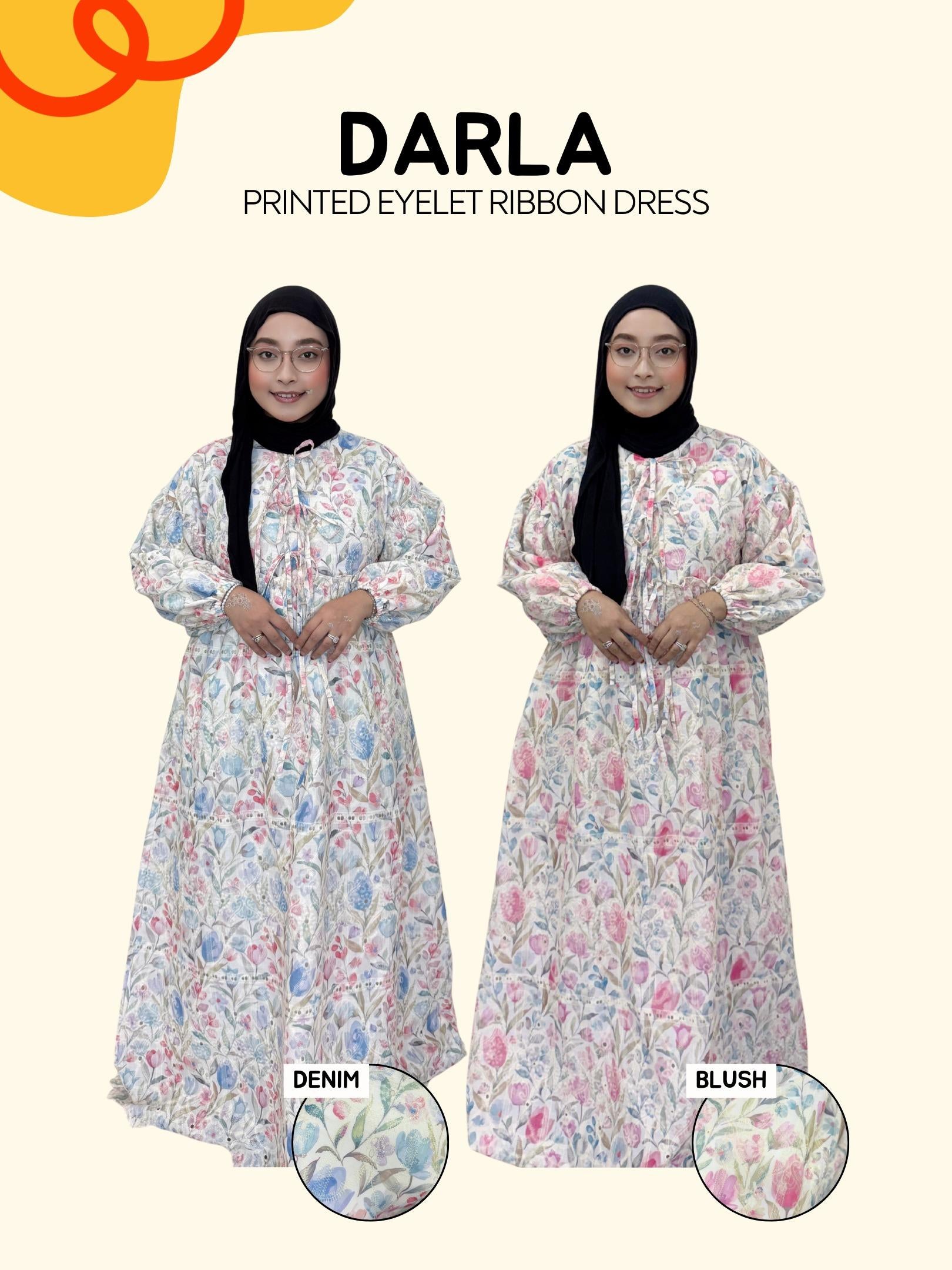 Darla Plain/Printed Eyelet Ribbon Dress (Babydoll Cutting)